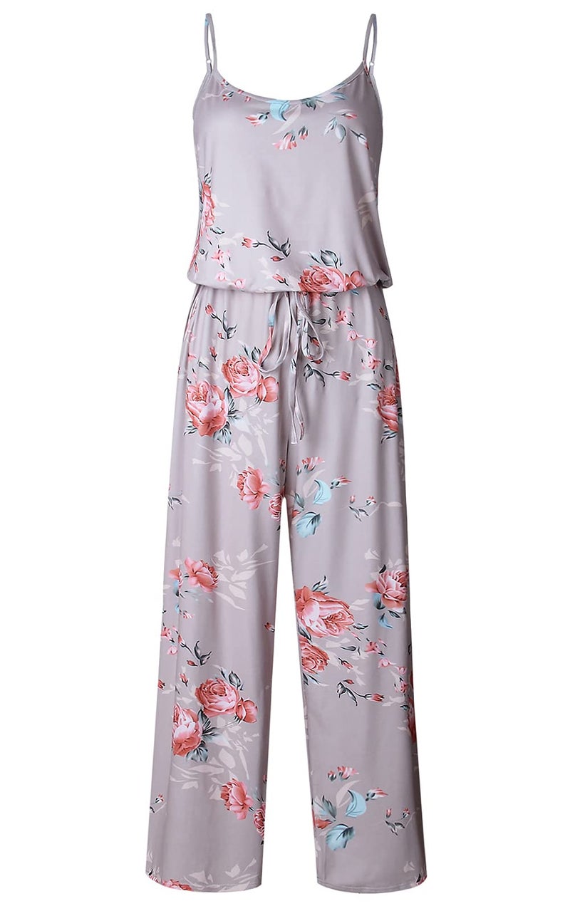 AMiERY Floral Printed Jumpsuits Women Halter Sleeveless Wide Long Pants Jumpsuit Rompers (L, Khaki) - Image 5